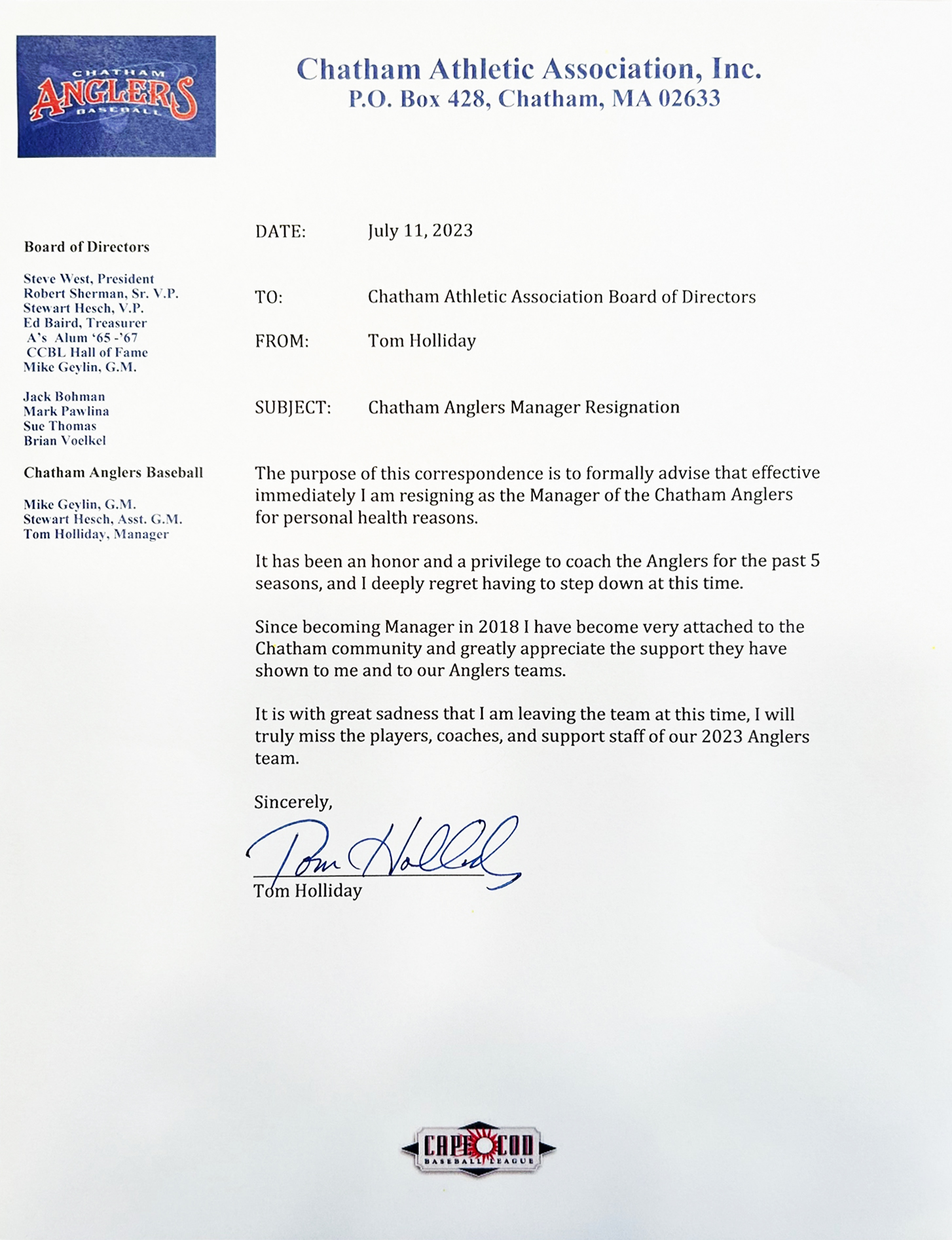 Tom Holliday resignation letter | July 11, 2023